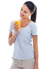 Image showing Person, woman and juice in studio for orange, healthy and fresh squeeze for drink and vitamin. Model, nurse and smile with beverage for cold, fruit and refresh for smoothie on white background