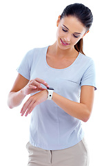 Image showing Person, woman and smart watch in studio for time, gadget and technology for date, alarm and function. Model or nurse and look with digital for press, schedule and hour for display on white backdrop