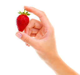 Image showing Hands, strawberry and healthy food for diet, wellness and weight loss with ingredient isolated on white background. Person with fruit, sweet or sour with nutrition, red berries for detox and vegan