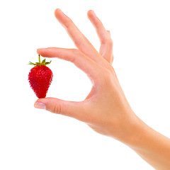 Image showing Hand, strawberry and healthy food for nutrition, wellness and weight loss with ingredient isolated on white background. Person with fruit, sweet or sour with diet, red berries for detox and vegan