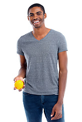 Image showing Man, lemon and portrait for fruit, healthy and fresh for diet, immune system and vitamin. African person or dietician and smile with snack for detox and citrus for antioxidant on white background