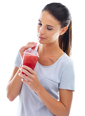 Image showing Woman, smoothie and drinking for detox in studio, nutrition and satisfaction for taste on white background. Female person, diet and milkshake for weight loss or health, minerals and wellness fiber