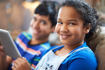 Image showing Children, tablet and happy portrait on sofa, family home and technology for streaming and playing entertainment. Internet, siblings smile together and elearning for child development or online games