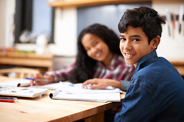 Image showing Children, students and friends portrait or project teamwork for education together, assignment or homework. Boy, girl and face at desk for creative writing for future learning, knowledge or classroom