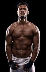 Image showing Man, muscle and portrait for active, muscular and health for wellness and fit for ripped in studio. Indian person and serious for strong, fitness and power for recreation and workout for fight