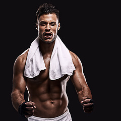 Image showing Fitness, body and screaming man portrait with gym towel in studio for energy, muscle or testosterone on black background. Power, face or male bodybuilder at sport center with lets go fist for workout