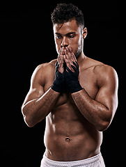 Image showing Man, boxer and thinking in studio for sports, fitness and warrior training on black background. Person, athlete and strong muscles for workout or exercise, contemplating and battle or competition