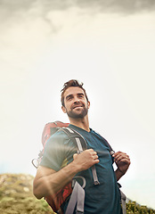 Image showing Man, hiking and nature for workout, health and wellness with view and mountain. Athlete, exercise and adventure with summer, sunshine and backpack journey on cape town trail with travel and vacation