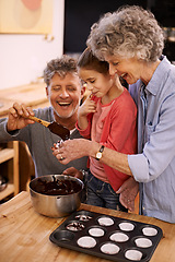 Image showing Help, grandparents and baking with girl, home and hobby with happiness and bonding together with recipe. Family, grandchild and senior man with old woman and activity with utensils, food and teaching