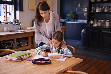 Image showing Studying, mother and girl with books for help, advice and check for homework with education. Mom, daughter and notebook with drawing, notes and development with learning in kitchen at family house