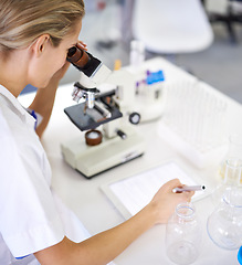 Image showing Medical, woman and research with tablet and microscope in lab with development in biotechnology. Scientist, writing or check notes on pharmaceutical report or review data of innovation in science