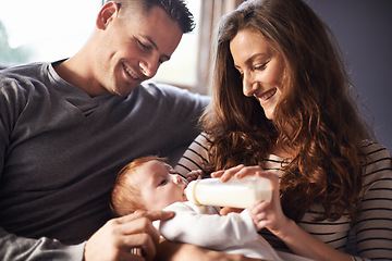 Image showing Mother, father and baby feeding with milk and bottle in a family home with love, support and care. Living room, sofa and relax mom with newborn and drink for youth development and growth in a house