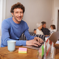 Image showing Remote work, laptop and portrait of man with family for online report, research and internet for freelance job. House, working from home and person on computer for website, writing email or planning