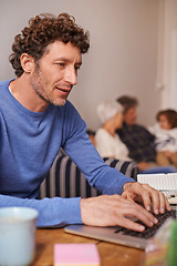 Image showing Remote work, laptop and man in living room for online report, research and internet for freelance career. House, working from home and person on computer for website, typing email and planning