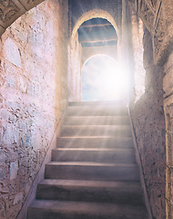 Image showing Underground, staircase and light for guide to eternity or heaven for afterlife, salvation and paradise. Medieval, ancient and steps for spiritual journey or path, walkway and freedom to beyond.