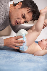 Image showing Dirty diaper, smell and father cleaning baby on bed with gross expression or disgust at home, Family, love and dad face with kid in a bedroom for stink napkin, change and cold development routine