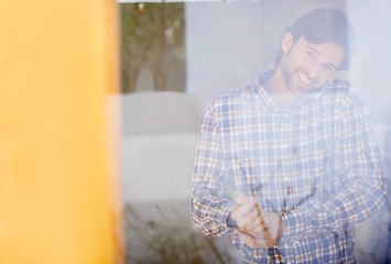 Image showing Phone, window and man with portrait in the morning ready to start the day with dressing routine. Communication, smile and businessman at home with networking conversation, smile and tech in a house