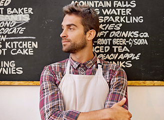 Image showing Man, blackboard and menu in a coffee shop with arms crossed for thinking, vision or ideas for service. Barista, person or small business owner by a chalkboard in cafe for catering with list in Italy