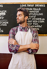Image showing Man, waiter and chalkboard in a coffee shop with arms crossed for ideas, vision or service with menu. Barista, person or small business owner by a blackboard in cafe for catering with list in Italy