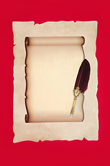Image showing Parchment Paper Scroll with Retro Brass Feather Quill Pen