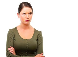 Image showing Confused, thinking and woman with arms crossed in studio for brainstorming solution on white background. Idea, doubt and female model with why, questions or planning, suspicious or uncertain gesture