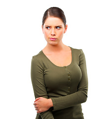 Image showing Thinking, confused and woman in studio for solution, problem solving or choice on white background. Idea, doubt and female model with why, questions or planning, suspicious or uncertain body language