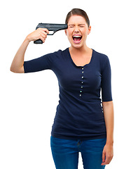 Image showing Gun, depression or angry woman shouting in studio for stress, warning or mental health crisis on white background. Temple, weapon or lady model scream with anxiety, overthinking or self harm disaster