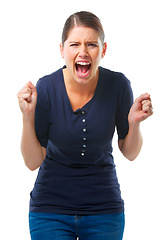 Image showing Angry, screaming and portrait of woman in studio with stress, disaster or mistake on white background. Anxiety, overthinking and female model shout for mental health crisis, fear or conflict trauma