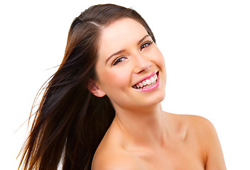 Image showing Happy woman, portrait and hair with beauty, shine and keratin shampoo with cosmetic care on white background. Haircare, wellness and cosmetology for glow, self care and salon treatment in studio