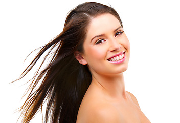 Image showing Woman, happy in portrait and hair with beauty, shine and keratin shampoo with cosmetic care on white background. Haircare, wellness and cosmetology for glow, self care and salon treatment in studio