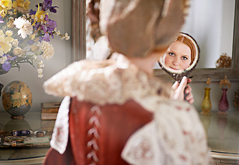 Image showing Reflection, mirror and woman with renaissance, medieval and classic style in a palace bedroom. Luxury, mansion and beauty skincare routine in a home with vintage fashion and care of a queen and ruler