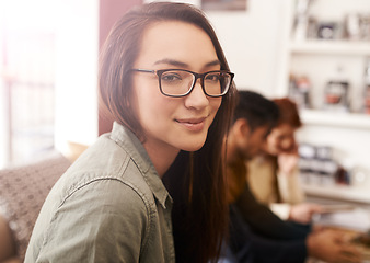 Image showing Coffee shop, business people and portrait of woman in meeting, discussion and conversation for ideas. Teamwork, creative agency and men and women in cafe for brainstorming, planning and collaboration