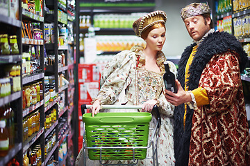 Image showing Supermarket, king and queen with wine, decision and costume with conversation and inflation. Royal couple, man and woman with choice and alcohol with shopping and customers with expensive product