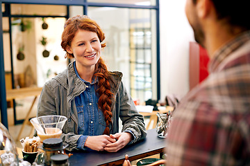 Image showing Woman, customer and waiter at counter in cafe for order, decision and talking for drink in morning. Girl, barista and catering service at trendy coffee shop for cappuccino, latte or espresso in Italy