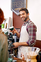 Image showing Happy man, barista and talking to customer in coffee shop with cup for order, service and catering. Person, client or patron in cafe for drink, tea or espresso with smile, chat and helping in Italy