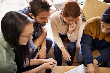 Image showing Creative team, meeting and planning with laptop at cafe for discussion or indoor project. Group of people, employees or friends with technology for brainstorming or startup at coffee shop or lounge