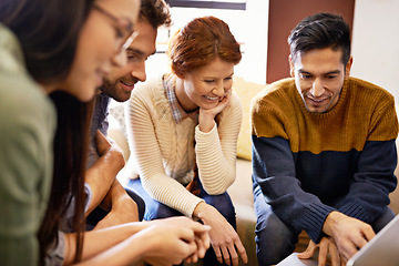 Image showing Happy people, meeting and planning with laptop at cafe for team discussion or creative project. Group of employees or friends with technology for brainstorming or startup at coffee shop or lounge