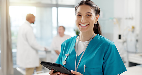 Image showing Happy, face and woman with a tablet, doctor and typing with connection, website info and employee. Portrait, nurse and medical professional with tech, clinic and research with internet or digital app