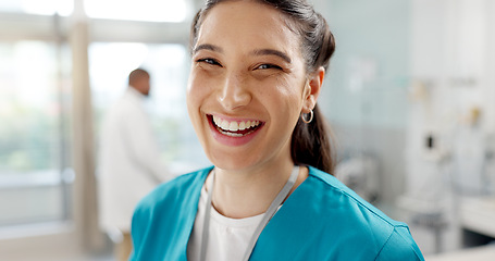 Image showing Medical, smile and portrait of nurse in a hospital for healthcare, medicine and employee working in a clinic. Health, care and service by professional woman doctor in surgery or operation room