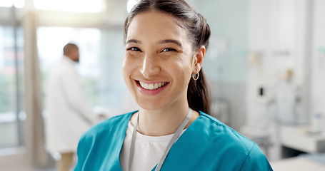 Image showing Medical, smile and portrait of nurse in a hospital for healthcare, medicine and employee working in a clinic. Health, care and service by professional woman doctor in surgery or operation room