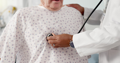 Image showing Senior man, doctor and hands listening to heart beat, rate or breathing in cardiology with patient at hospital. Closeup of medical professional or surgeon checking respiratory on client for checkup