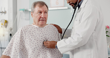 Image showing Senior man, doctor and listening to heart beat, rate or breathing in cardiology with patient at hospital. Medical professional, nurse or surgeon checking respiratory on client in checkup or diagnosis