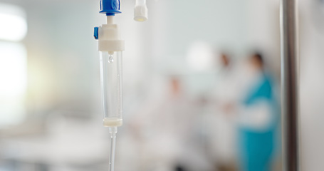 Image showing IV drip, liquid and medicine in a hospital for healthcare, virus or help in an emergency. Health, clinic and a fluid, solution or drug for medical treatment, therapy or infusion for a disease