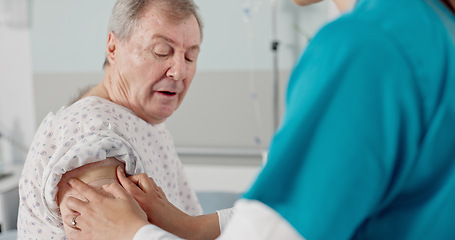 Image showing Doctor, bandage and senior man with vaccine, injection and medicine in hospital for medical service. Healthcare, consulting and nurse with elderly patient for virus protection, plaster and safety