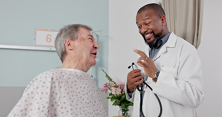 Image showing Senior man, doctor and hospital with good news from breathing check and stethoscope in a clinic. Elderly care, wellness and medical help with African professional with healthcare and ok hand sign