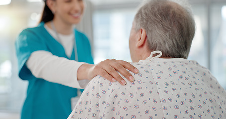 Image showing Doctor, consultation and patient in elderly care, health advice or checkup appointment at hospital. Female person, nurse or medical professional consulting mature man in diagnosis or care at clinic