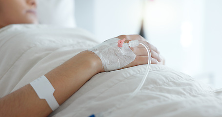 Image showing Woman hand, bed and iv drip in closeup, hospital or treatment for hydration, liquid or supplement. Person, healthcare and wellness for blood transfusion, anesthesia or pharma drugs for pain in clinic