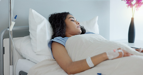 Image showing Woman hand, bed and iv drip in closeup, hospital or treatment for hydration, liquid or supplement. Person, healthcare and wellness for blood transfusion, anesthesia or pharma drugs for pain in clinic