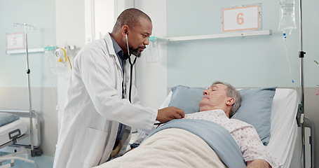 Image showing Consultation, healthcare and doctor with senior man in hospital after surgery, treatment or procedure. Discussion, checkup and African male medical worker talk to patient in clinic bed for diagnosis.