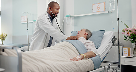 Image showing Consultation, healthcare and doctor with senior man in hospital after surgery, treatment or procedure. Discussion, checkup and African male medical worker talk to patient in clinic bed for diagnosis.